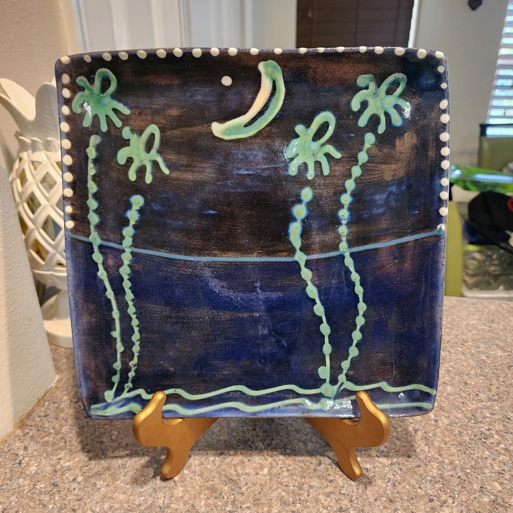 Large Earthworks Barbados Glazed Terracotta‎ Beach Scene 11" X 11" Serving Plate